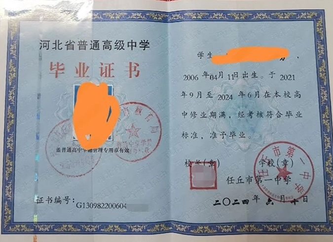昌平任丘市第一中学高中毕业证样本图片