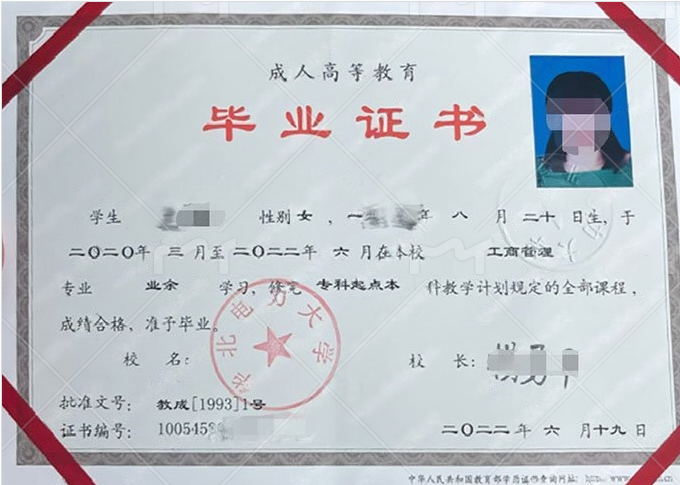 华北电力大学2022年业余专科起点本科毕业证书样本图片（工商管理）